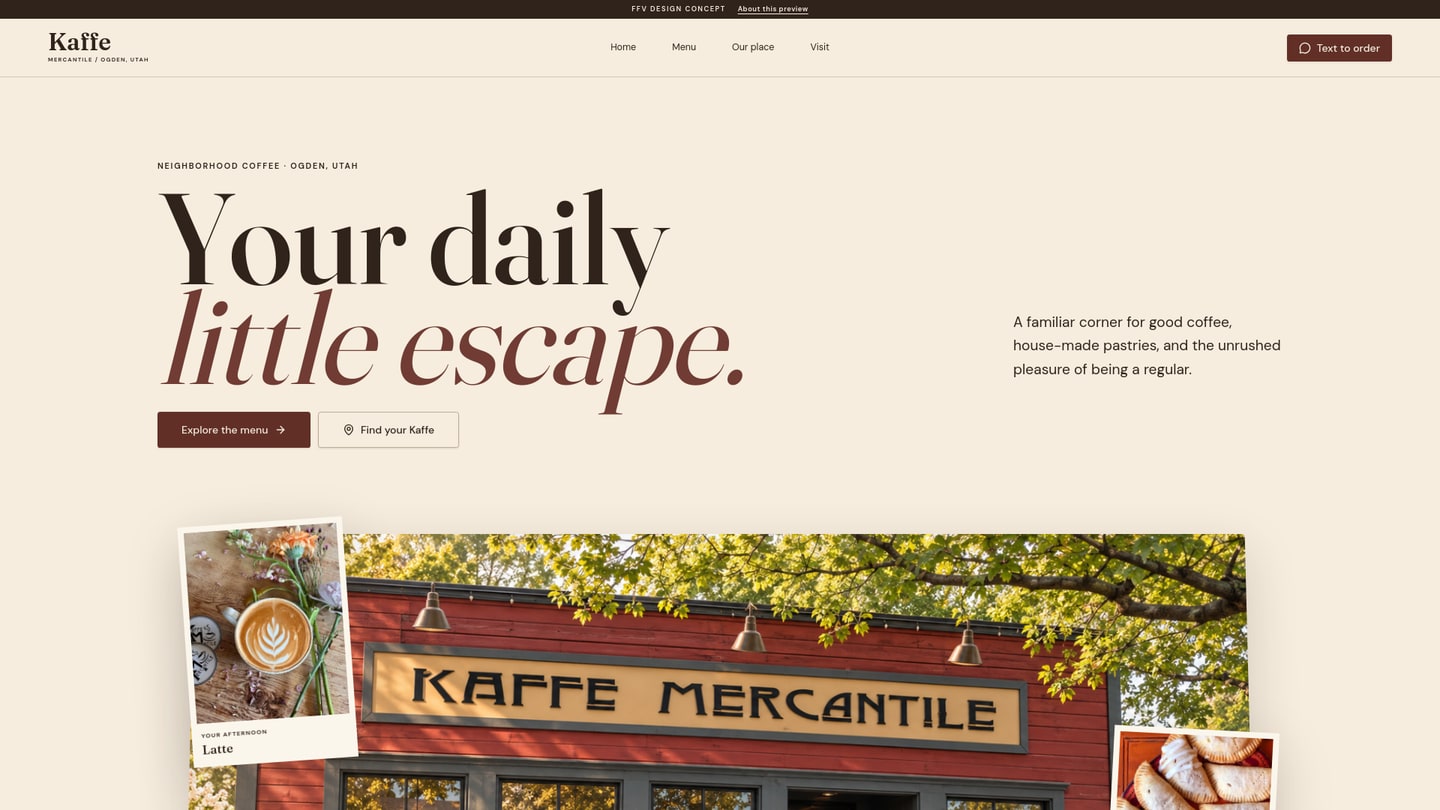 Kaffe Mercantile concept website with warm editorial typography and neighborhood coffee imagery